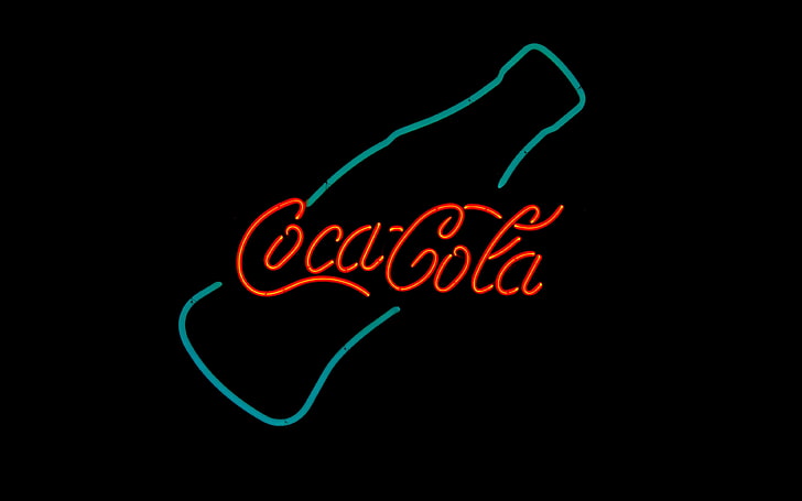 ティールと赤のコカコーラのネオン看板、コカコーラ、ロゴ、ネオン、飲料、シンプルな背景、タイポグラフィ、ネオン、赤、黒、 HDデスクトップの壁紙