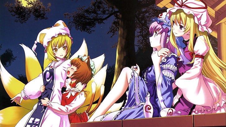 Tapety z czterema fikcyjnymi kobietami, anime, dziewczyny, noc, ganek, księżyc, Tapety HD