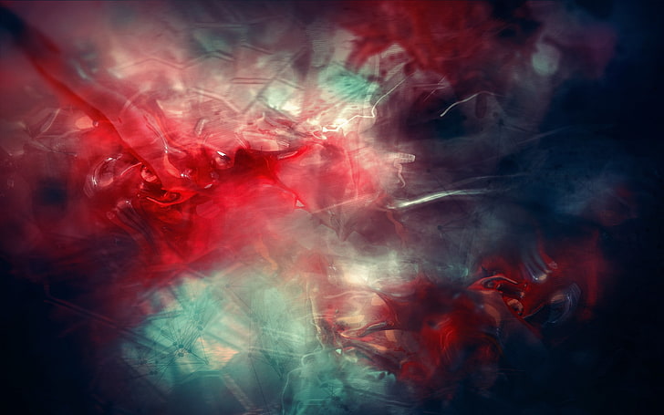 peinture abstraite rouge, turquoise et blanche, résumé, taches, sombre, Fond d'écran HD