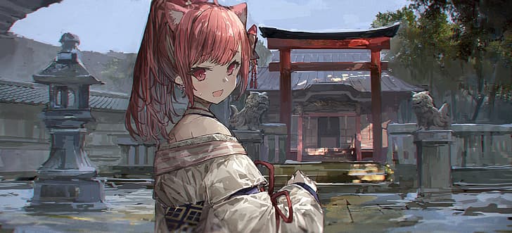 torii, cat ears, temple, Japanese, redhead, HD wallpaper