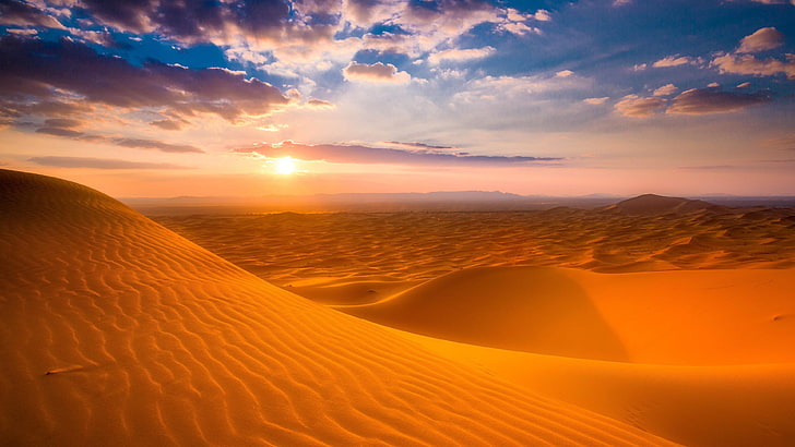 maroko, gurun, langit, lanskap, horison, pasir, sahara, pagi, pasir bernyanyi, bukit pasir, awan, sinar matahari, matahari terbit, Wallpaper HD