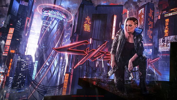 Videospiel, Cyberpunk 2077, Stadt, Cyberpunk, Futuristisch, Mädchen, Frauenkrieger, HD-Hintergrundbild