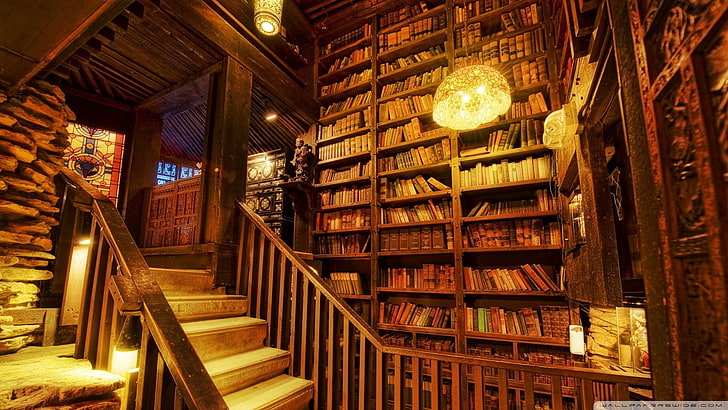 brązowy regał drewniany, biblioteka, książki, Tapety HD