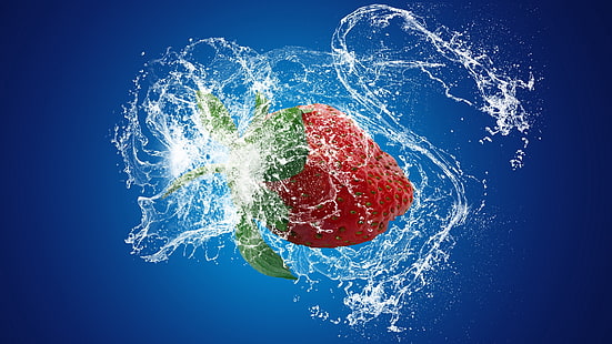 strawberry, water, drop, sky, splash, blue, waterdrop, water drops, HD wallpaper HD wallpaper