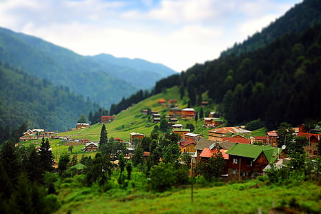 village at middle of mountains, untitled, Turkey, Rize, tilt shift, house, HD wallpaper HD wallpaper