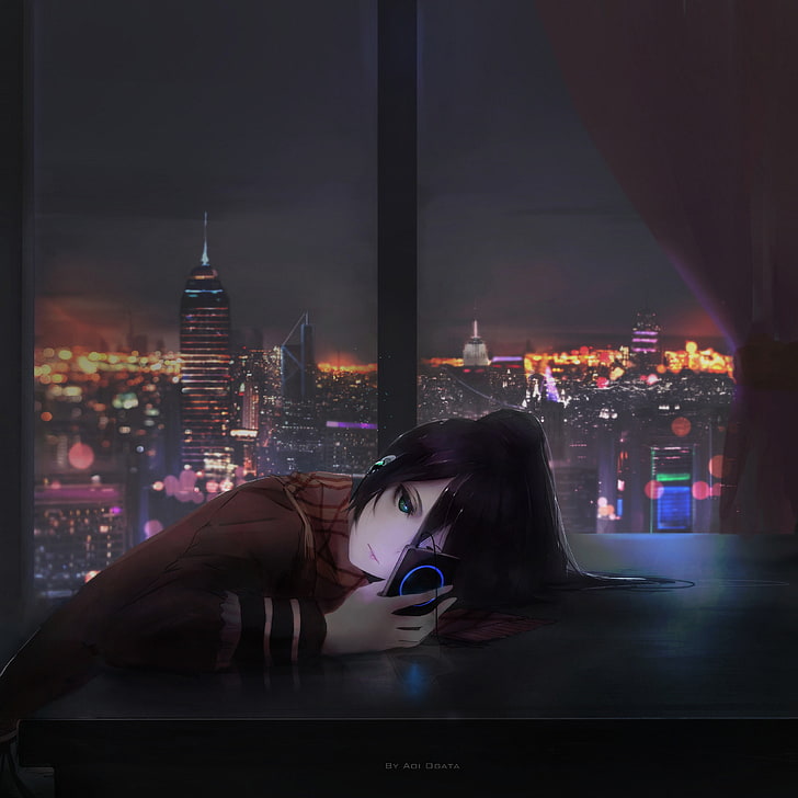 female anime character illustration, Aoi Ogata, artwork, anime girls, city, night, phone, HD wallpaper