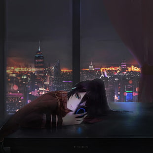 женский персонаж аниме иллюстрации, Аой Огата, произведение искусства, аниме девушки, город, ночь, телефон, HD обои HD wallpaper