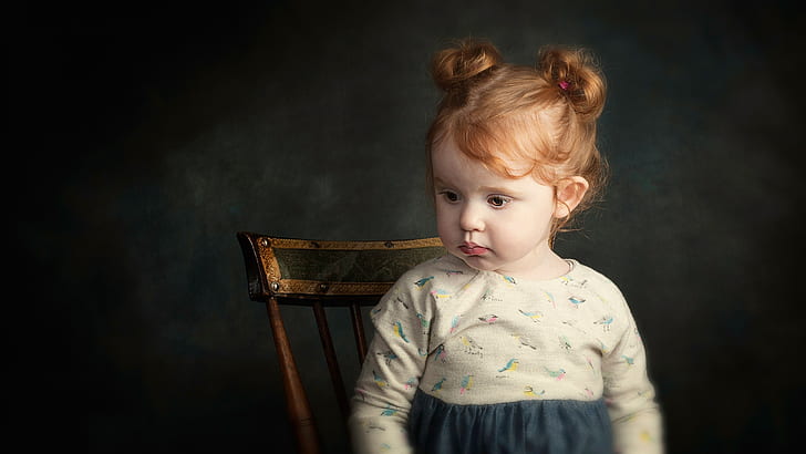 Niña linda, rubia, estilo de arte, niña sentada en la silla de pintura 3d, linda, pequeña, niña, rubia, arte, estilo, Fondo de pantalla HD
