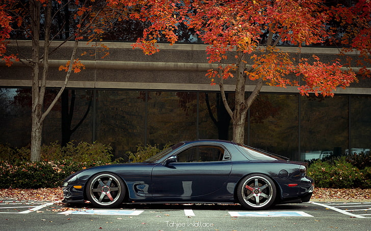 black coupe, musim gugur, Mazda, RX7, te37, Wallpaper HD
