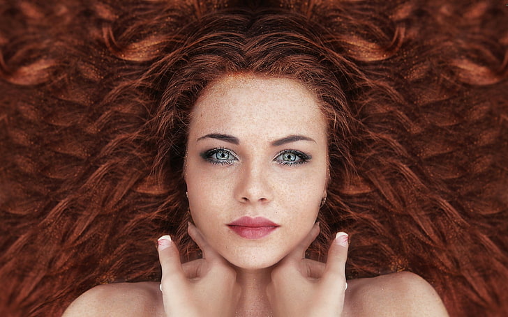 women's brown hair, woman with curly blonde hair, women, Alessandro Di Cicco, blue eyes, face, portrait, bare shoulders, freckles, wavy hair, hands, redhead, looking at viewer, model, eyes, HD wallpaper