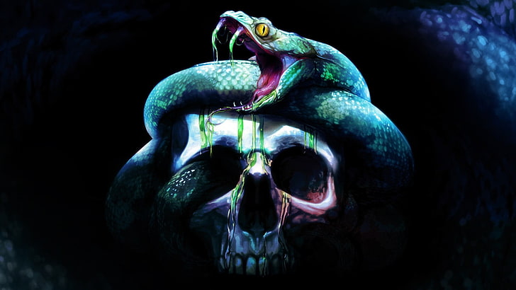 череп със змия тапет, дигитално изкуство, череп, зъби, змия, животни, тъмно, произведения на изкуството, Neverwinter Nights, Neverwinter Nights 2: Storm of Zehir, HD тапет