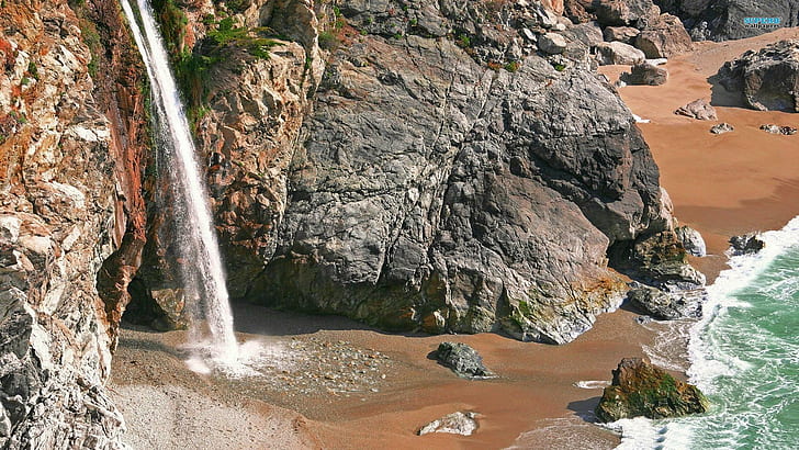 The Mcway Falls, плаж, вода, природа, mcway Falls, Julia Pfeiffer Burns State Park, пясък, скали, водопад, бряг, HD тапет