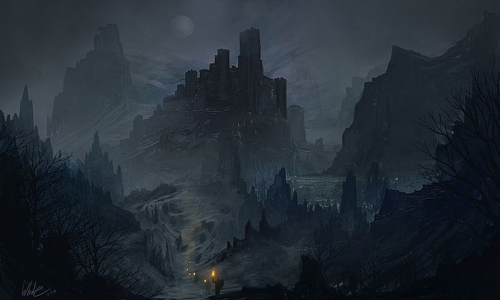 ilustracja rock mountain, sztuka fantasy, grafika koncepcyjna, grafika, ciemność, mgła, ludzie, skały, martwe drzewa, góry, ścieżka, Tapety HD