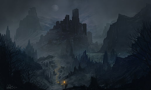 illustration de montagne rocheuse, art fantastique, art conceptuel, œuvres d'art, sombre, brouillard, personnes, roches, arbres morts, montagnes, chemin d'accès, Fond d'écran HD HD wallpaper