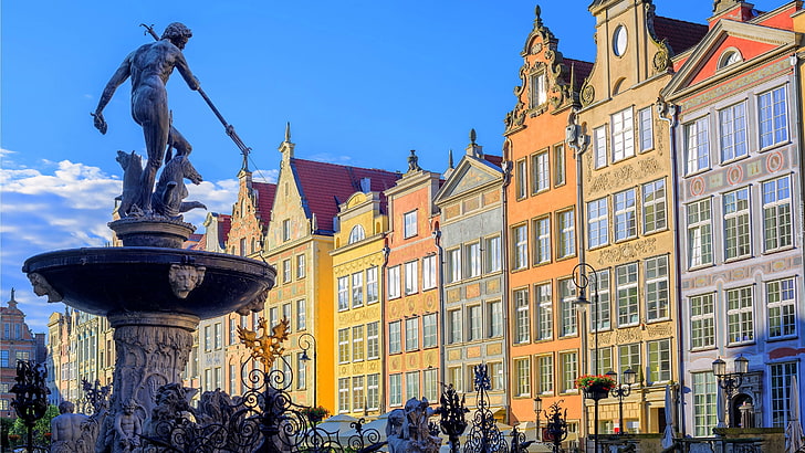 Gdańsk, Neptün Çeşmesi, Polonya, HD masaüstü duvar kağıdı