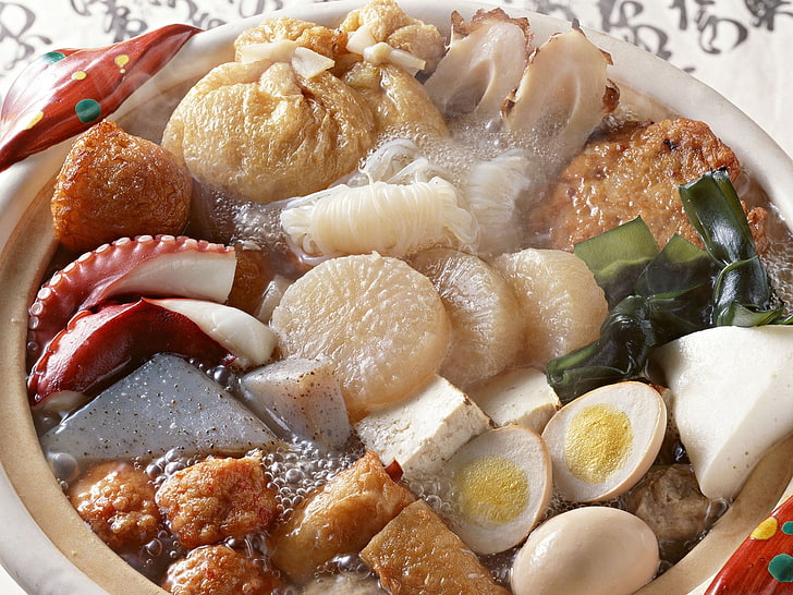 white soup bowl, soup, broth, potatoes, meat, seafood, eggs, HD wallpaper