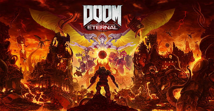 Doom (игра), DOOM Eternal, Slayer Doom, фэнтезийная броня, фэнтезийное оружие, демон, ад, цифровое искусство, видеоигра, шутер от первого лица, Heaven and Hell, HD обои