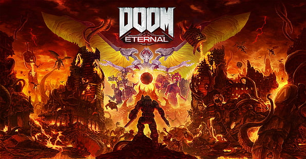 Doom (игра), DOOM Eternal, Slayer Doom, фэнтезийная броня, фэнтезийное оружие, демон, ад, цифровое искусство, видеоигра, шутер от первого лица, Heaven and Hell, HD обои HD wallpaper