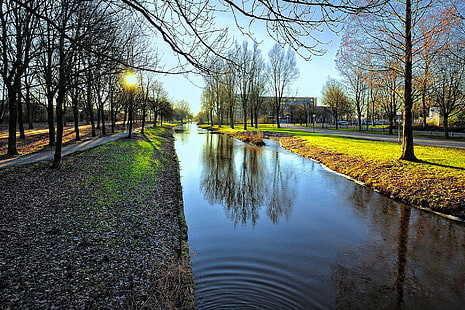 Амстердам, Нидерланды, дома, река и деревья, солнце, деревья, город, отражение, дома, Нидерланды, Амстердам, канал, закат, Нидерланды, HD обои HD wallpaper