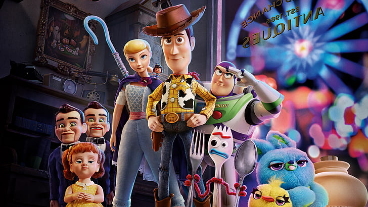 Film, Toy Story 4, Bo Peep, Buzz Lightyear, Forky (Toy Story), Chapeau, Marionnette, Shérif, Cuillère, Spork, Peluche, Jouet, Woody (Toy Story), Fond d'écran HD