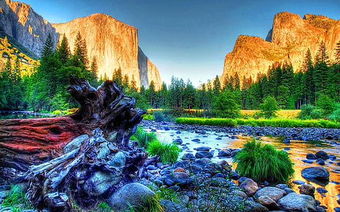 Изгрев Долина Йосемити Merced река Национален парк Йосемити САЩ Ел Капитан е вертикална скална формация Летни пейзажи HD Wallpaper 3840 × 2400, HD тапет HD wallpaper