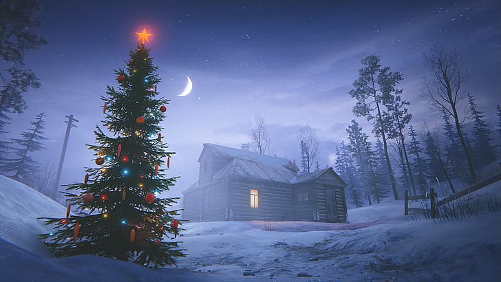 3D, New Year, Christmas Tree, 35MM, snow, Moon, night, stars, house, CGI, HD wallpaper