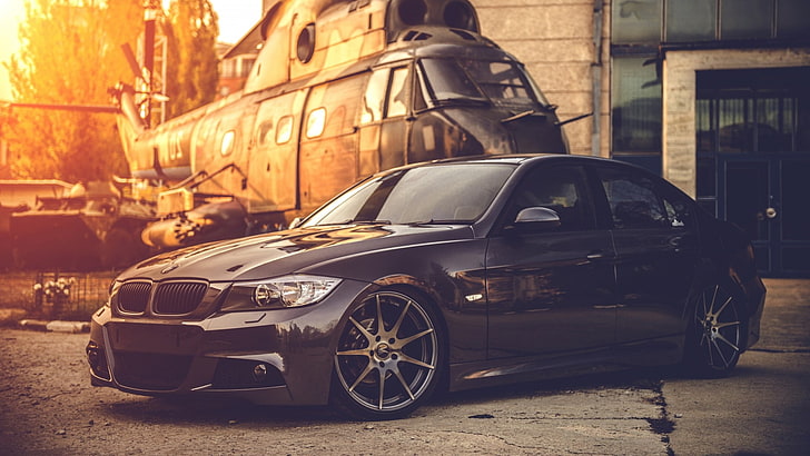 black, bmw, BMW E90, car, helicopters, military, HD wallpaper