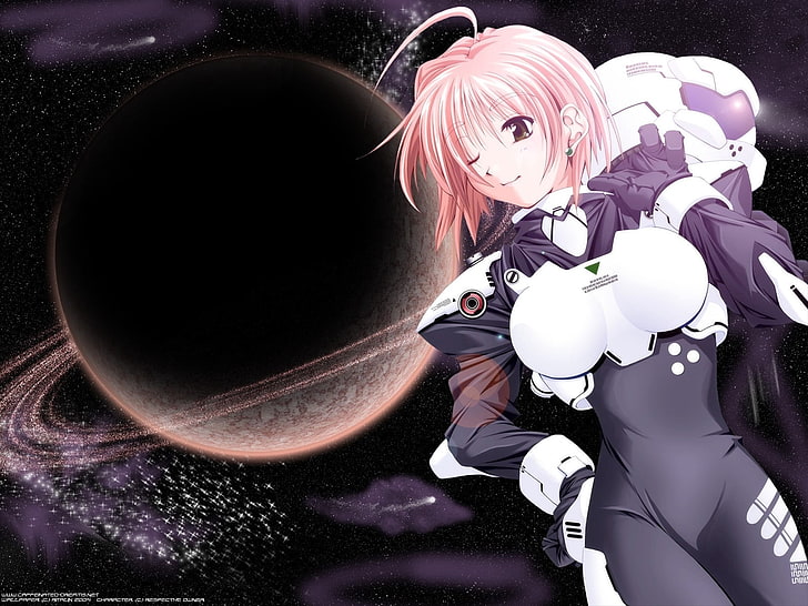 pink-haired anime girl character wallpaper, ah my goddess, girl, space, planets, smile, HD wallpaper