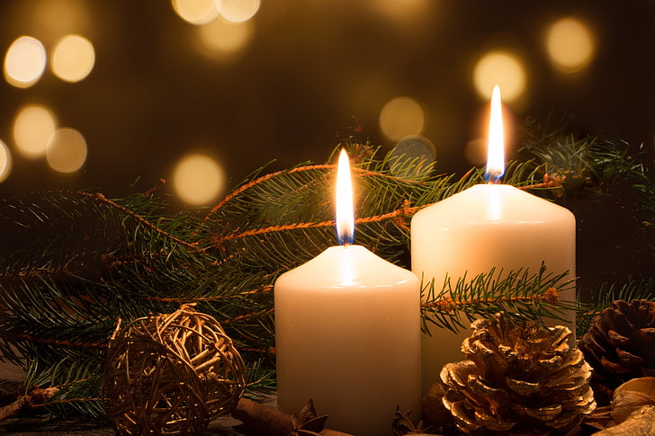 two white candles, new year, Christmas, spruce, candles, bump, HD wallpaper