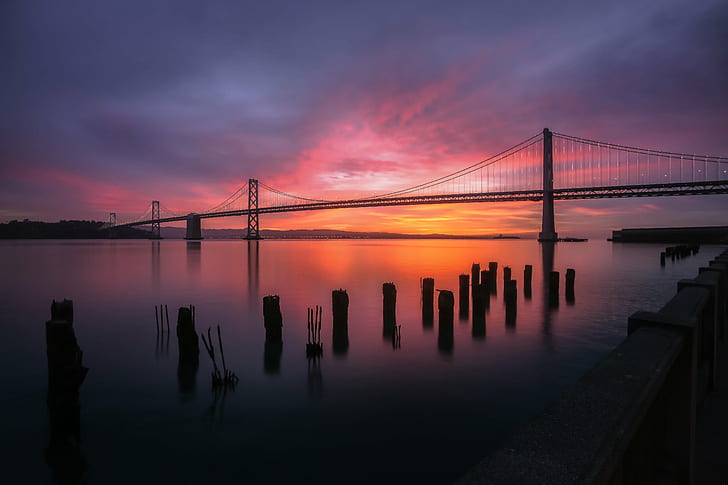 photograph of silhouette of bridge during sunset, sunset, bridge - Man Made Structure, famous Place, uSA, sea, dusk, architecture, suspension Bridge, water, california, HD wallpaper