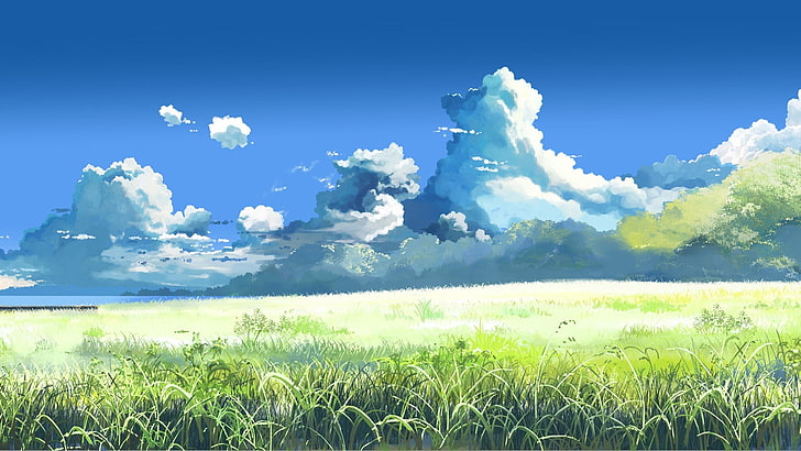 поле със зелена трева, Макото Шинкай, 5 сантиметра в секунда, поле, облаци, пейзаж, произведения на изкуството, аниме, цветно, небе, HD тапет