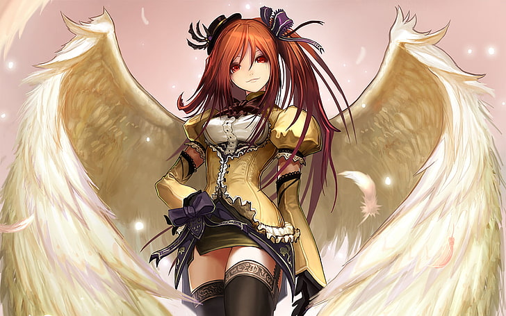 brown-haired female anime character, anime, angel, anime girls, wings, HD wallpaper