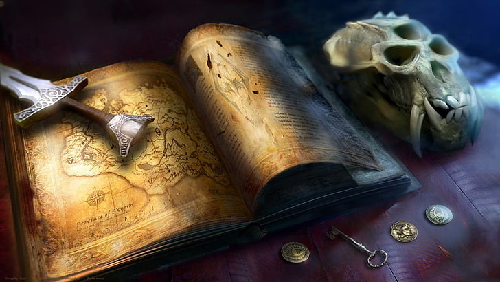 videogame digital wallpaper, The Elder Scrolls V: Skyrim, video games, map, fantasy art, skull, HD wallpaper