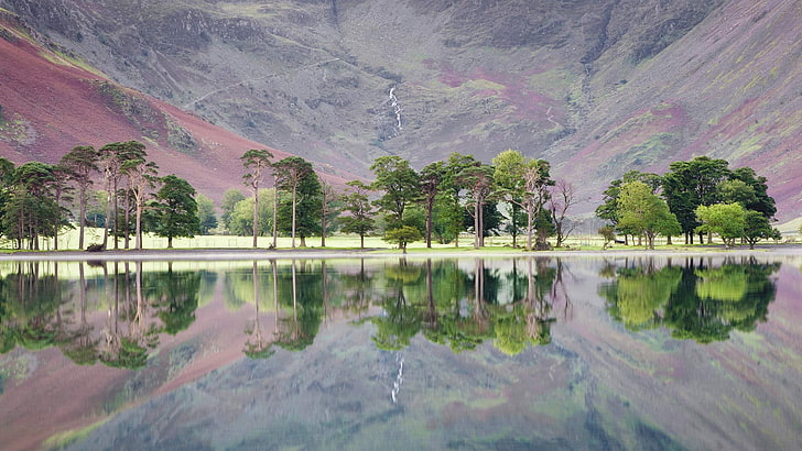 lake, reflection, trees, landscape, England, Lake District, HD wallpaper