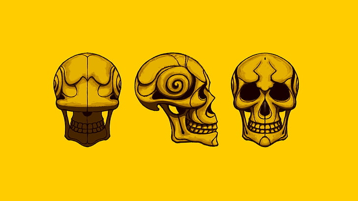 иллюстрация трех человеческих черепов, желтый, череп, HD обои