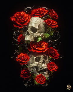 billelis, oscuro, religión, muerte, calavera, flores, rojo, Fondo de pantalla HD HD wallpaper