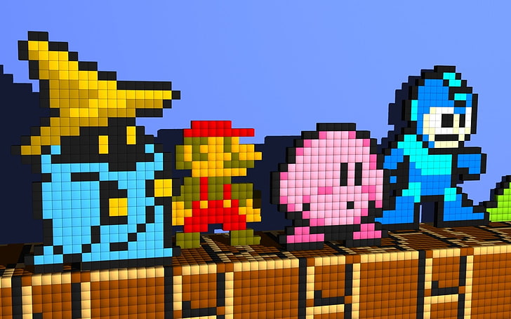 Nahaufnahmefoto der grafischen Tapete Super Mario, Mega Man, Kirby, Super Mario, Schwarzmagier, Final Fantasy, HD-Hintergrundbild