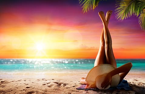  beach, summer, girl, sunshine, vacation, legs, sea, hat, woman, tropical, HD wallpaper HD wallpaper
