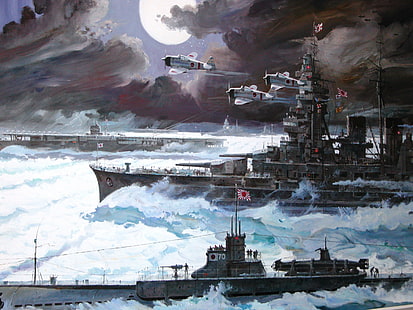 Kriegsschiff, Kunstwerk, Militär, Militärflugzeug, Schiff, HD-Hintergrundbild HD wallpaper