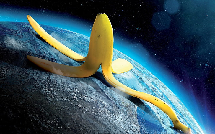Ilustración de cáscara de plátano en la tierra, arte digital, plátanos, mundo, tierra, Photoshop, Fondo de pantalla HD