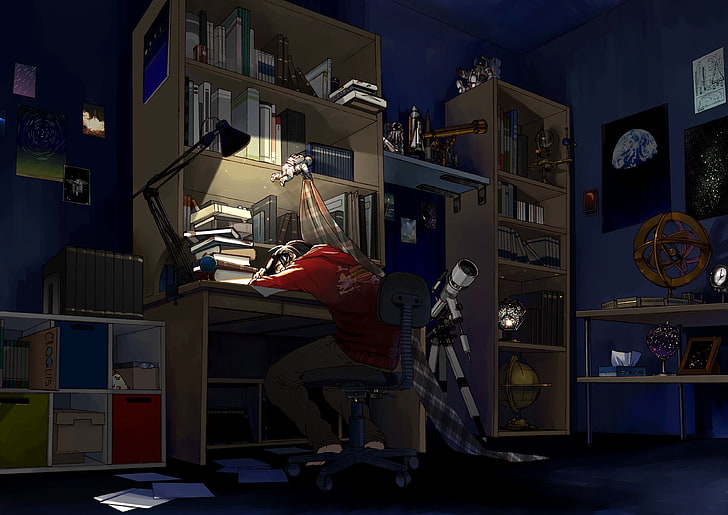 braune hölzerne Kommode mit Spiegel, Anime, Landschaft, Schreibtisch, Raum, HD-Hintergrundbild