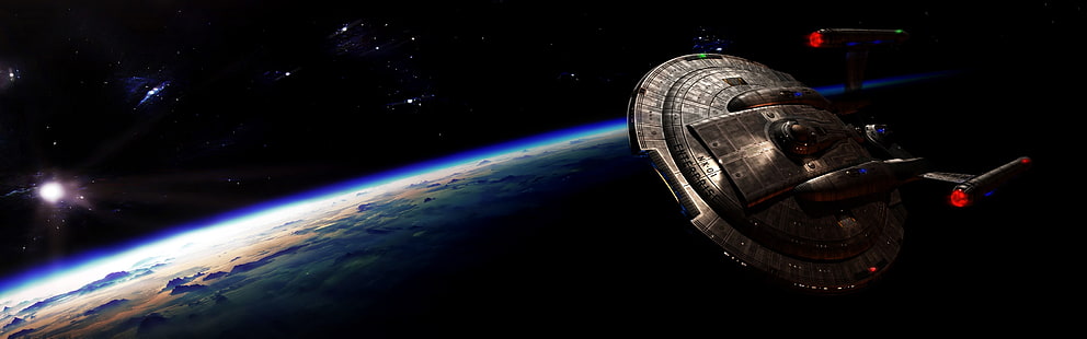иллюстрация космического корабля, Star Trek, USS Enterprise (космический корабль), космос, несколько дисплеев, два монитора, HD обои HD wallpaper