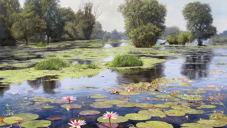 pond, flowers, reflection, trees, landscape, summer, painting, Zbigniew Kopania, HD wallpaper