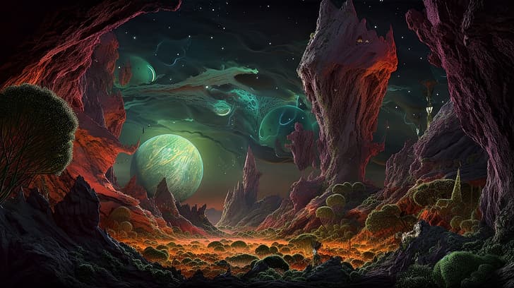 Seni AI, alien, lanskap, planet, penuh warna, Wallpaper HD