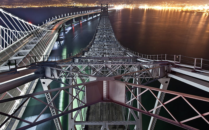 grey truss bridge frame, architecture, San Francisco Bay, USA, bridge, metal, construction, water, sea, night, cityscape, lights, light trails, long exposure, HD wallpaper