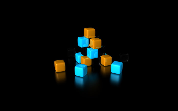 brown-and-blue cube wallpaper, black, abstract, black background, orange, blue, cube, HD wallpaper
