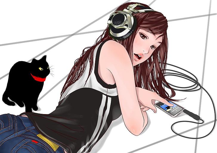 anime girls, headphones, HD wallpaper