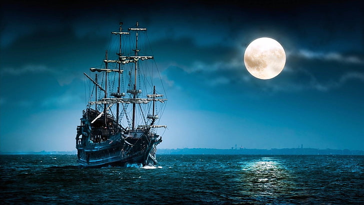 full moon, moon, sea, night sky, schooner, night, art, sailing ship, ghost ship, ship, brig, moonlight, vintage, twilight, ocean, HD wallpaper