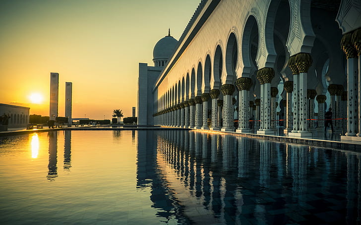 Grande moschea Abu Dhabi Tramonto, mondo, religioso, musulmano, moschea, Sfondo HD
