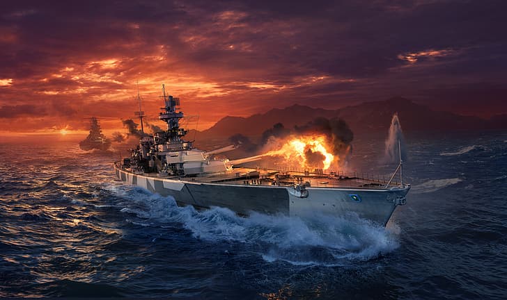 World of Warships, Ägir (World of Warships), Battleship, turrets, armor, Naval guns, HD wallpaper